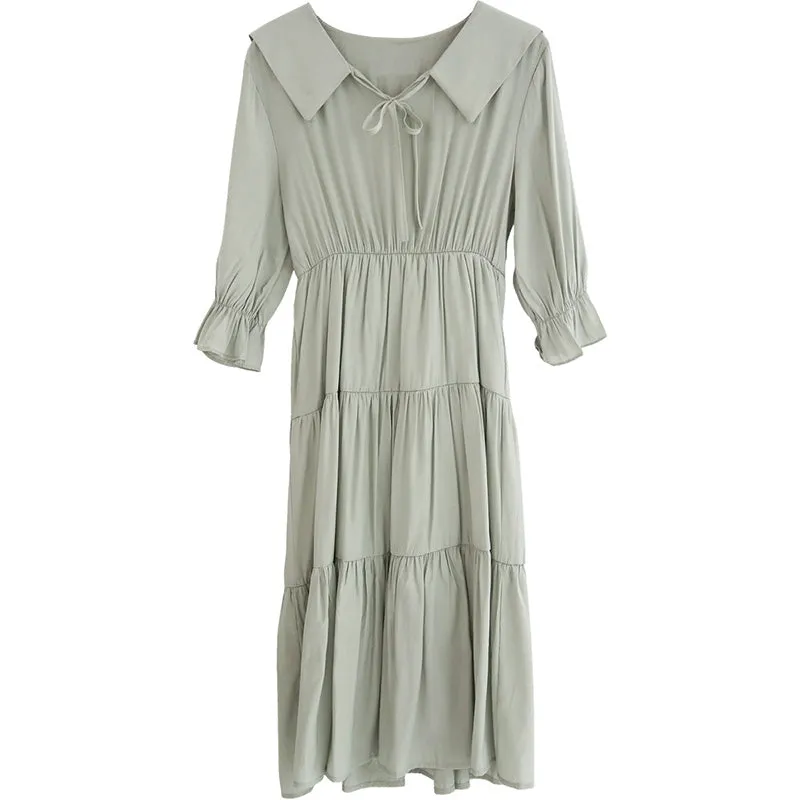 spring new Korean version of Japanese lapel solid color waist dress