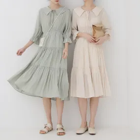 spring new Korean version of Japanese lapel solid color waist dress