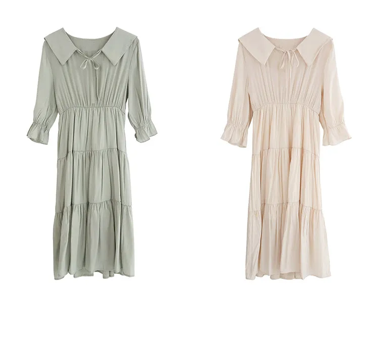 spring new Korean version of Japanese lapel solid color waist dress
