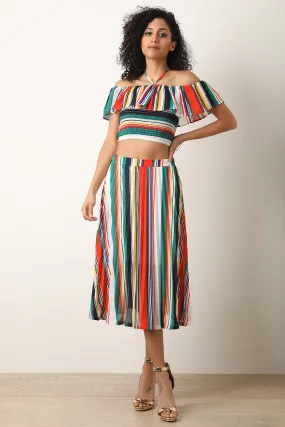 Striped Halter Crop Top with Midi Pleated Skirt Set