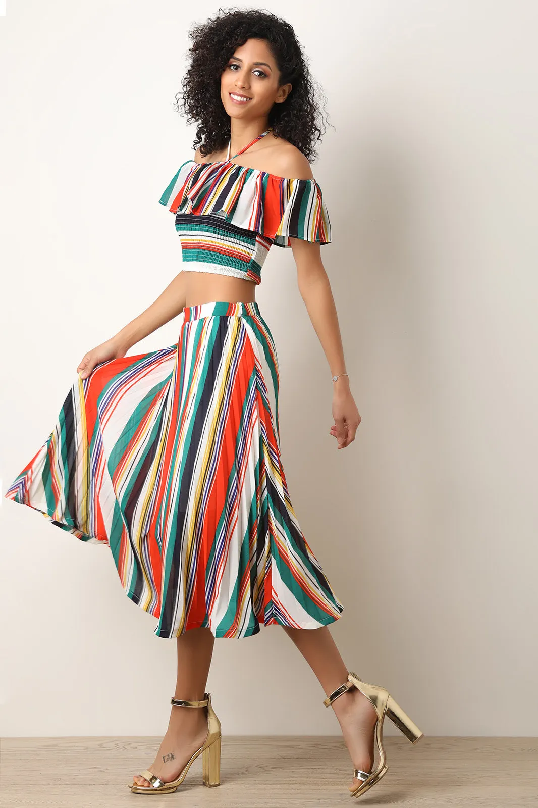 Striped Halter Crop Top with Midi Pleated Skirt Set