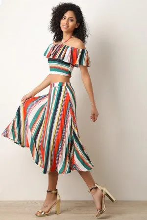 Striped Halter Crop Top with Midi Pleated Skirt Set
