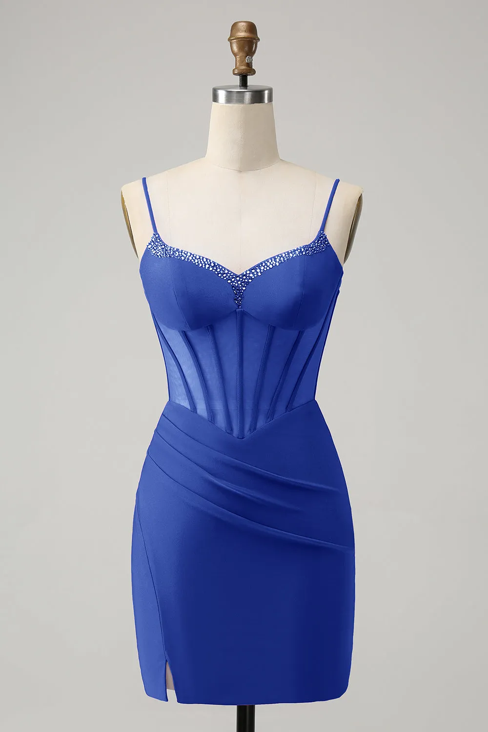 Stylish Purple Bodycon Lace Up Back Beaded Corset Short Homecoming Dress with Slit