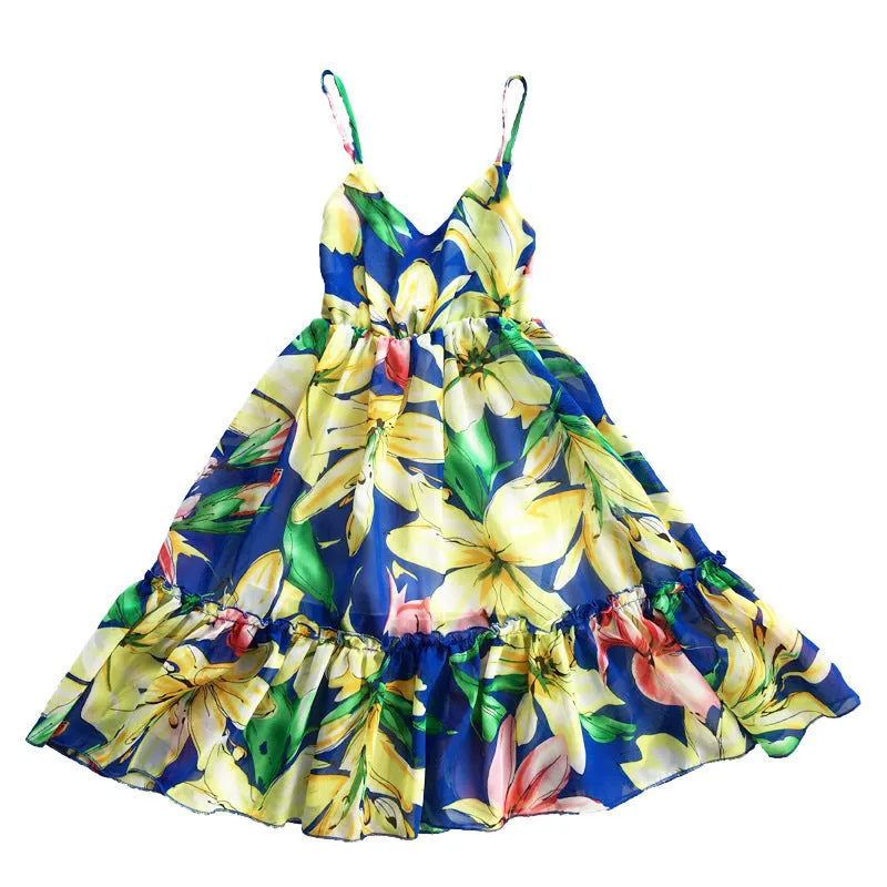 Sweet Sling Chiffon Girls Beach Dress | Floral Bohemian Style