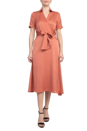 Tahari ASL Collared Pleated V-Neck Tie Waist Solid Satin Dress