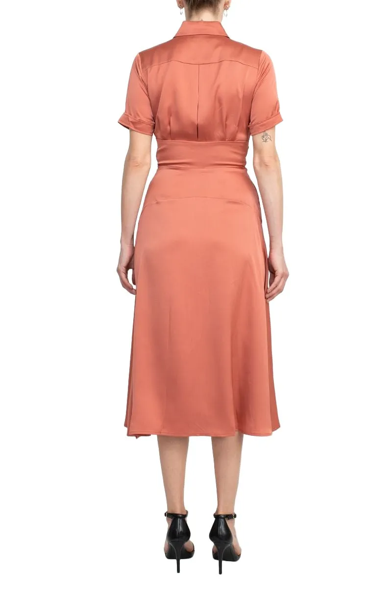 Tahari ASL Collared Pleated V-Neck Tie Waist Solid Satin Dress