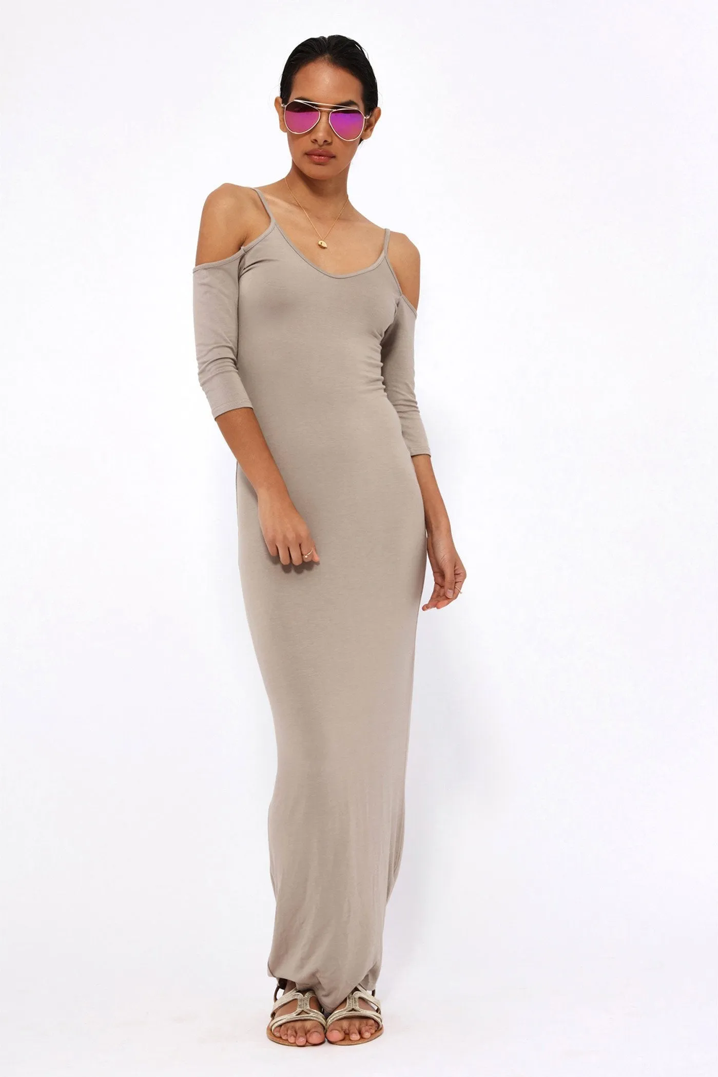 Taupe Open Shoulder Maxi Dress