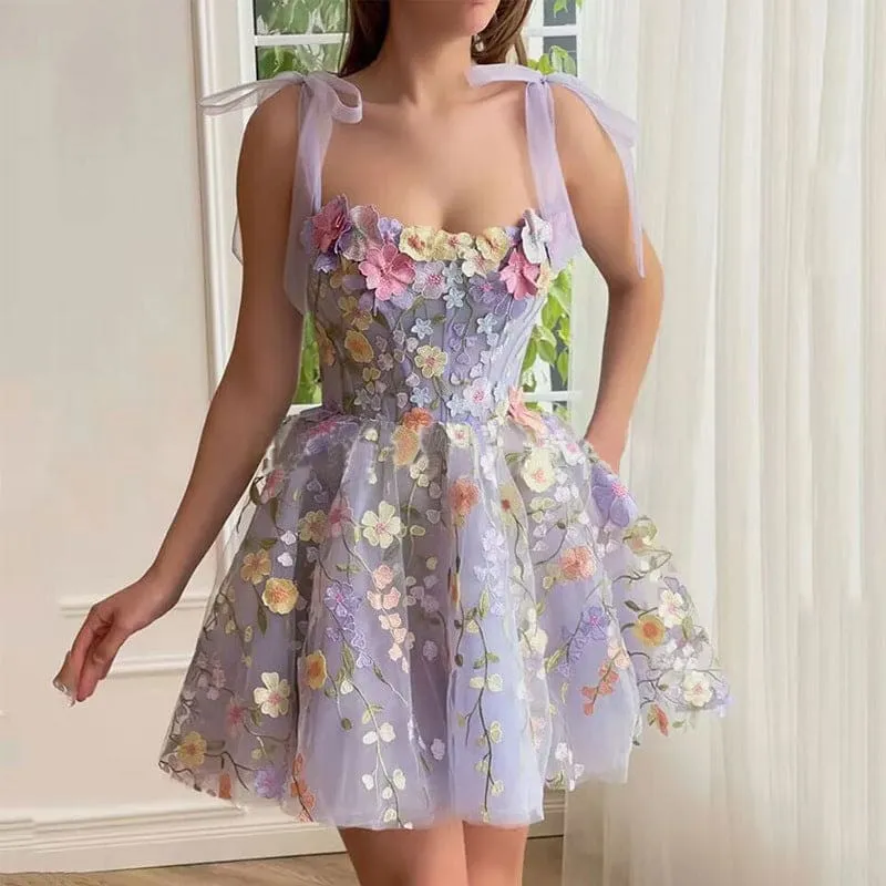Tie Shoulder Ribbon 3D Floral Embroidery A-Line Mesh Dress