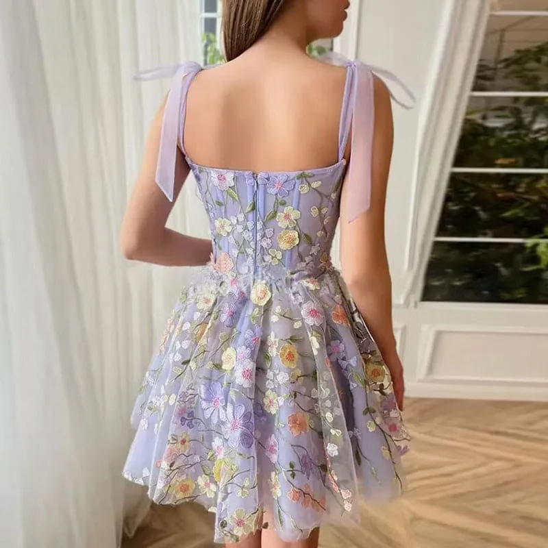 Tie Shoulder Ribbon 3D Floral Embroidery A-Line Mesh Dress