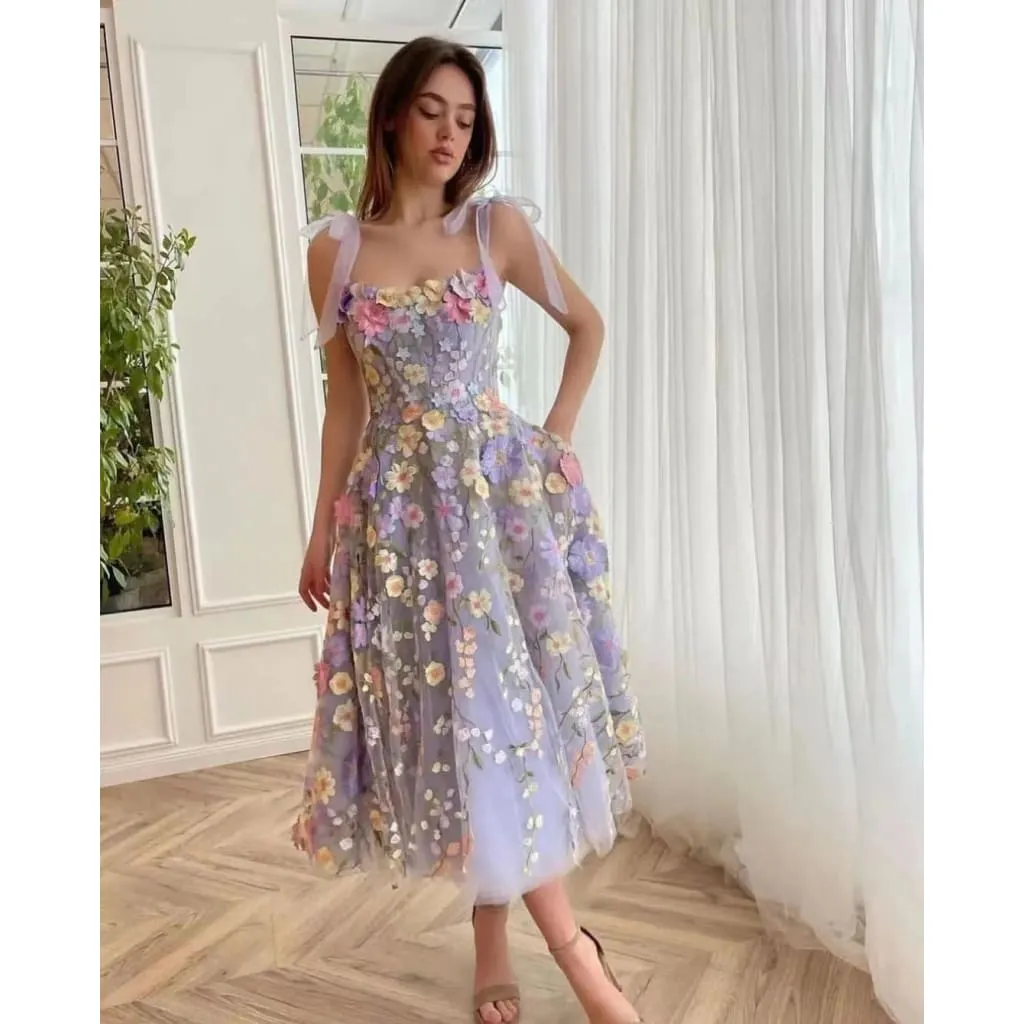 Tie Shoulder Ribbon 3D Floral Embroidery A-Line Mesh Dress