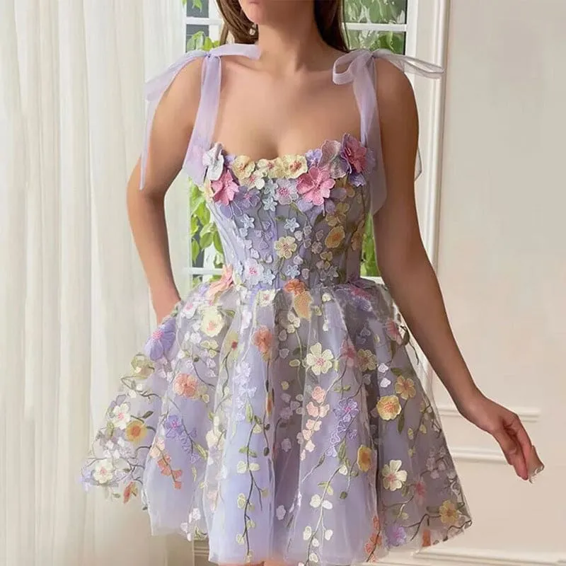 Tie Shoulder Ribbon 3D Floral Embroidery A-Line Mesh Dress