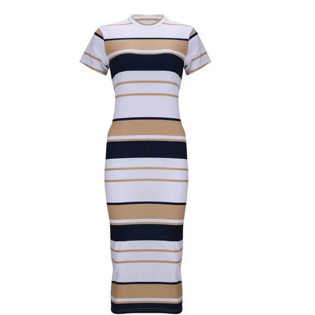 Trendy Office Ladies' Short Sleeve Stripe Bodycon Stretchy Basic Dress