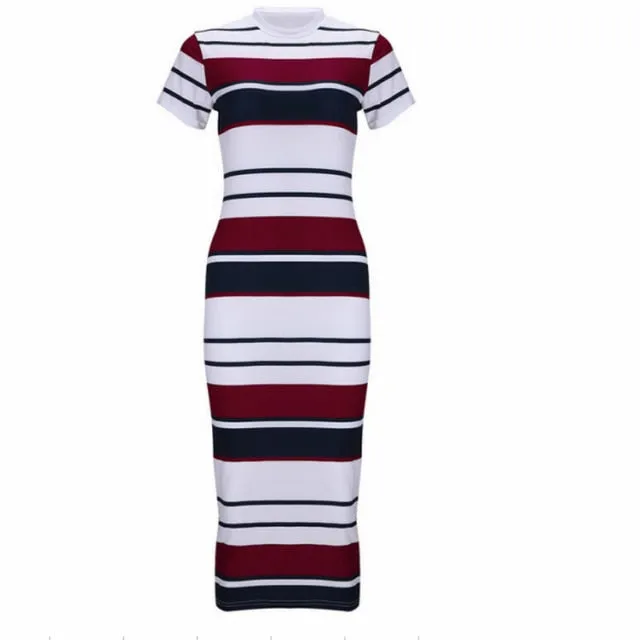 Trendy Office Ladies' Short Sleeve Stripe Bodycon Stretchy Basic Dress
