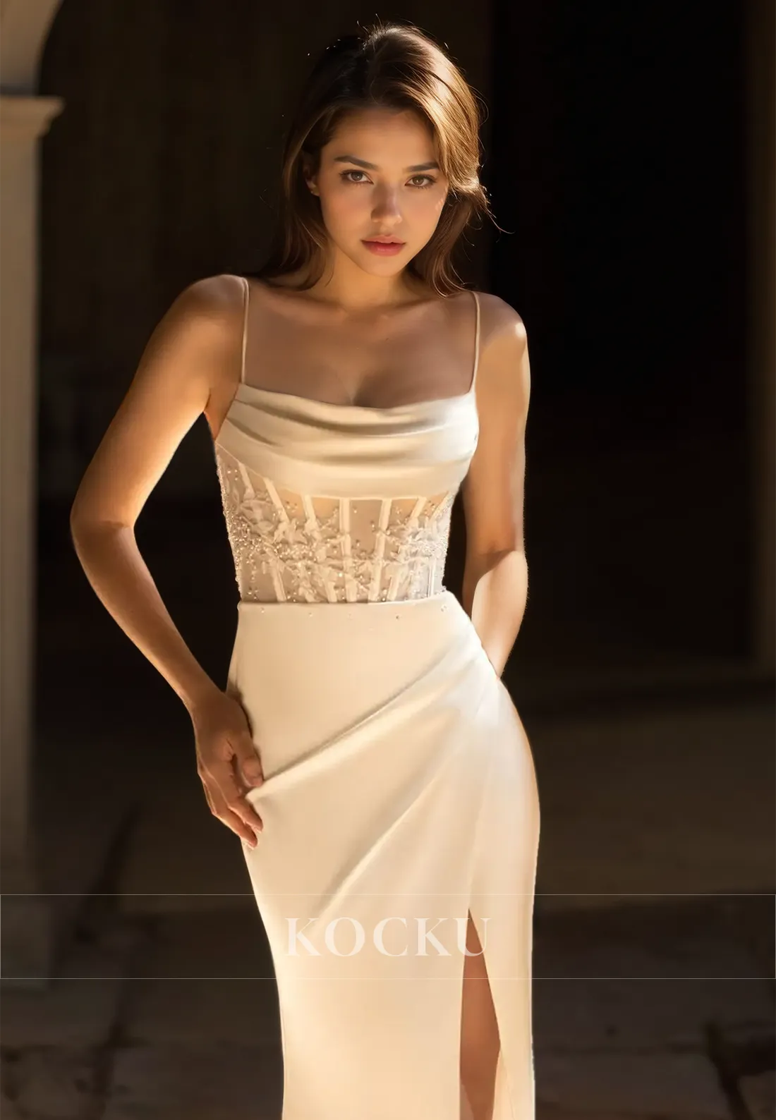 Tube Top Spaghetti Straps Sheath Wedding Dress Sleeveless Slit Beads Satin Bridal Gown with Appliques