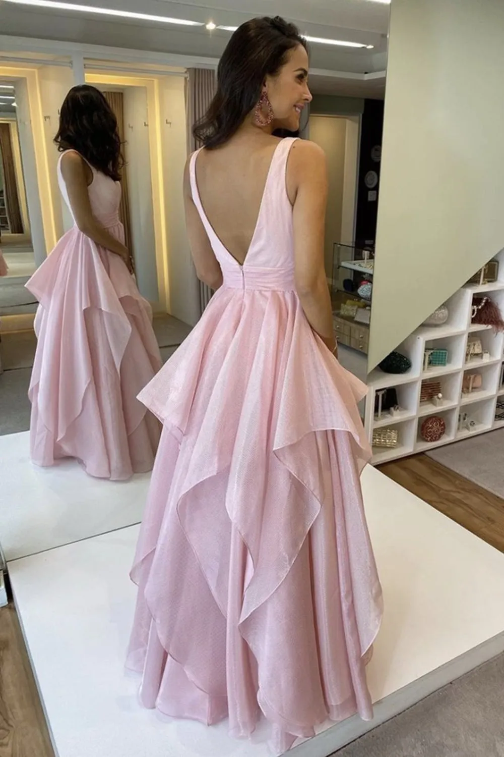 V Neck Open Back Fluffy Pink Long Prom Dress, Open Back Pink Formal Evening Dress