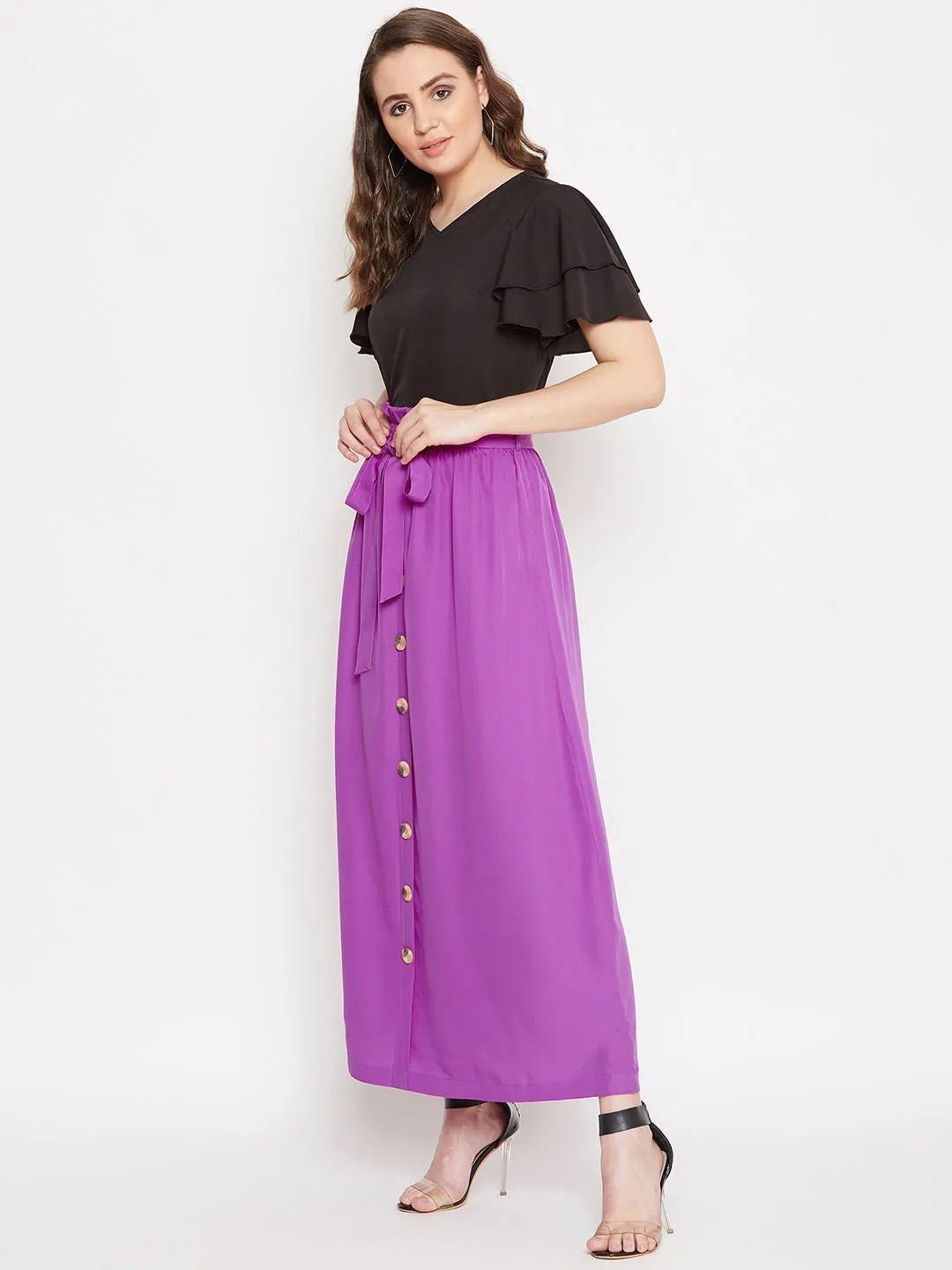 V-Neck Top & Front Button Skirt Set
