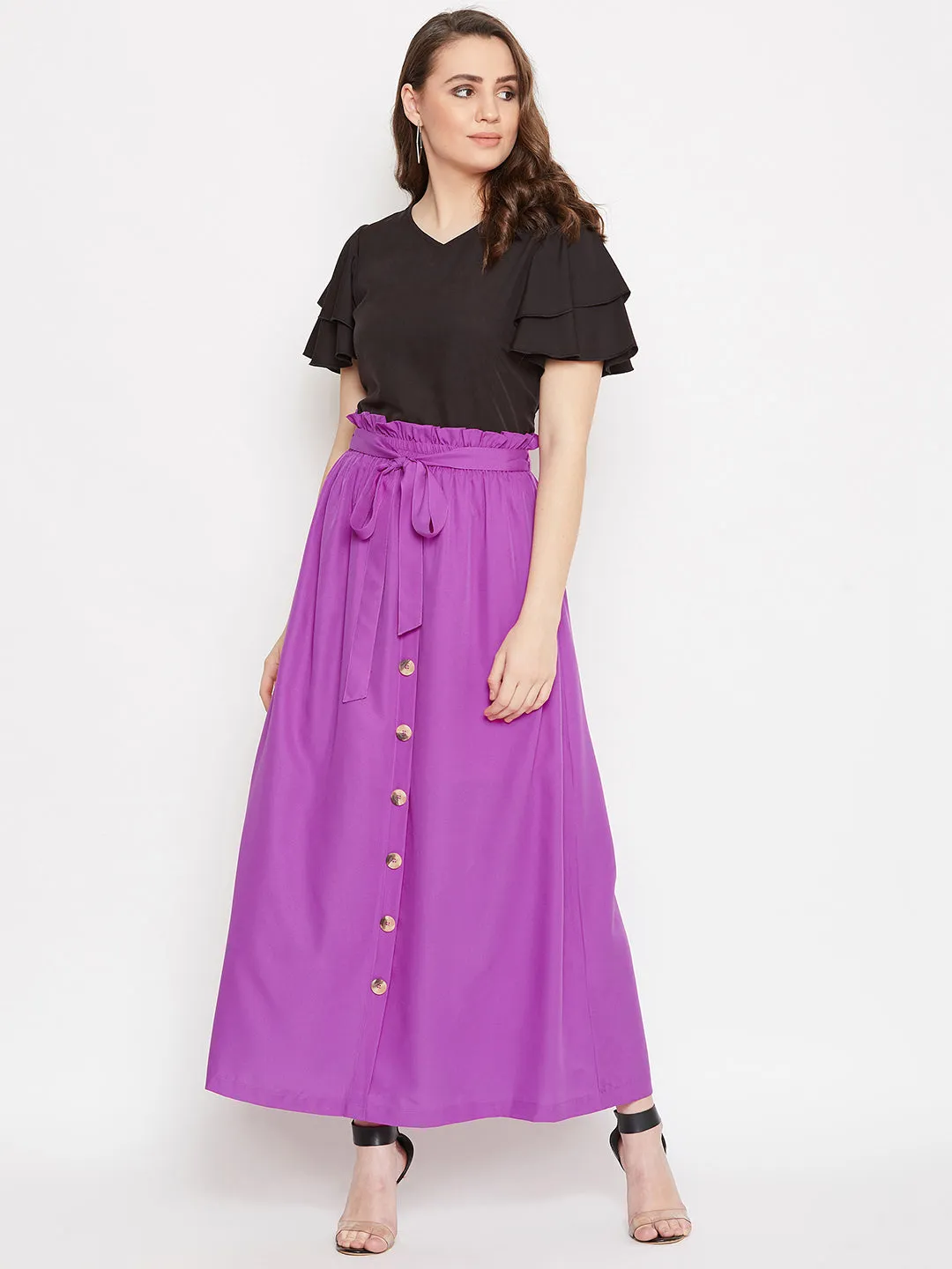 V-Neck Top & Front Button Skirt Set