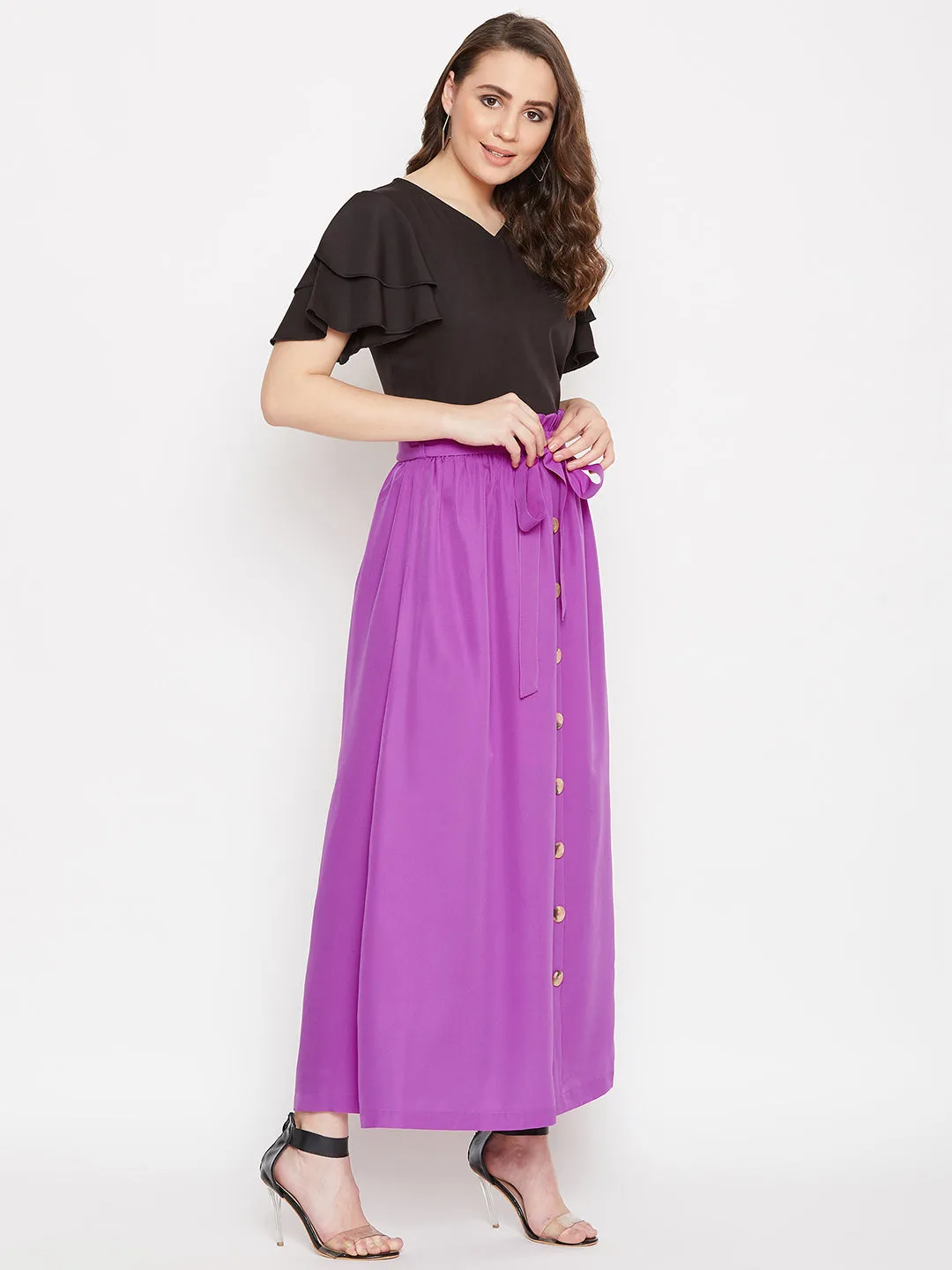 V-Neck Top & Front Button Skirt Set