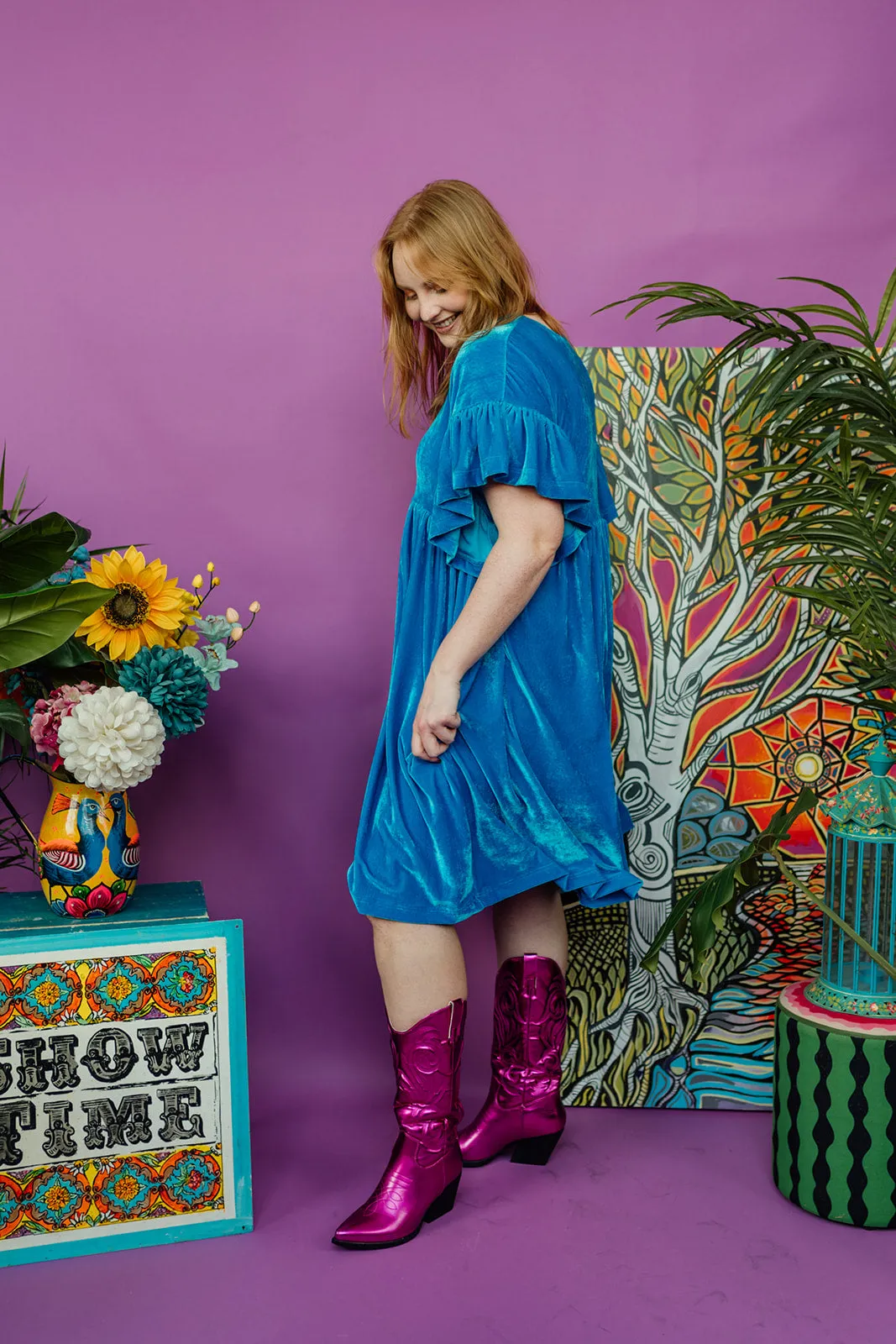 Velvet Summer Smock Dress in Turquoise
