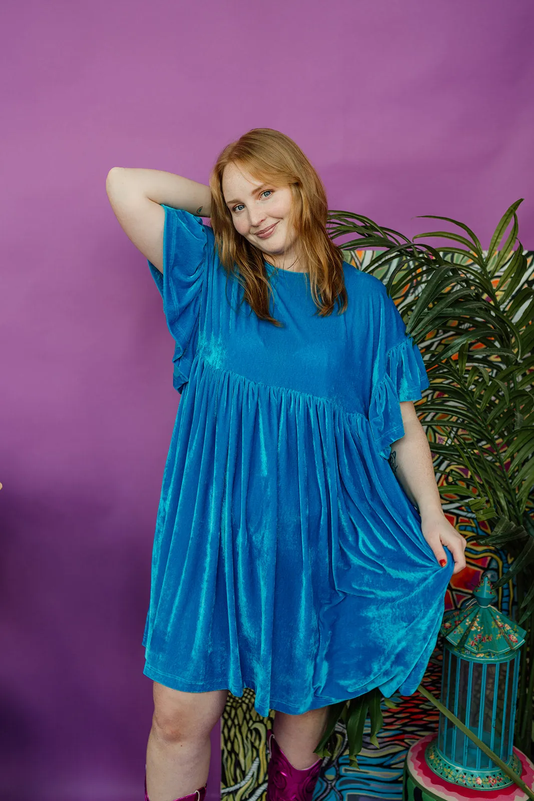 Velvet Summer Smock Dress in Turquoise