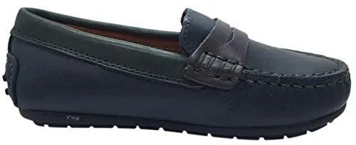 Venettini Boy's Savor Navy Green Leather Slip On Contrast Trim Moccasin Loafer