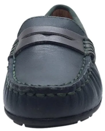 Venettini Boy's Savor Navy Green Leather Slip On Contrast Trim Moccasin Loafer