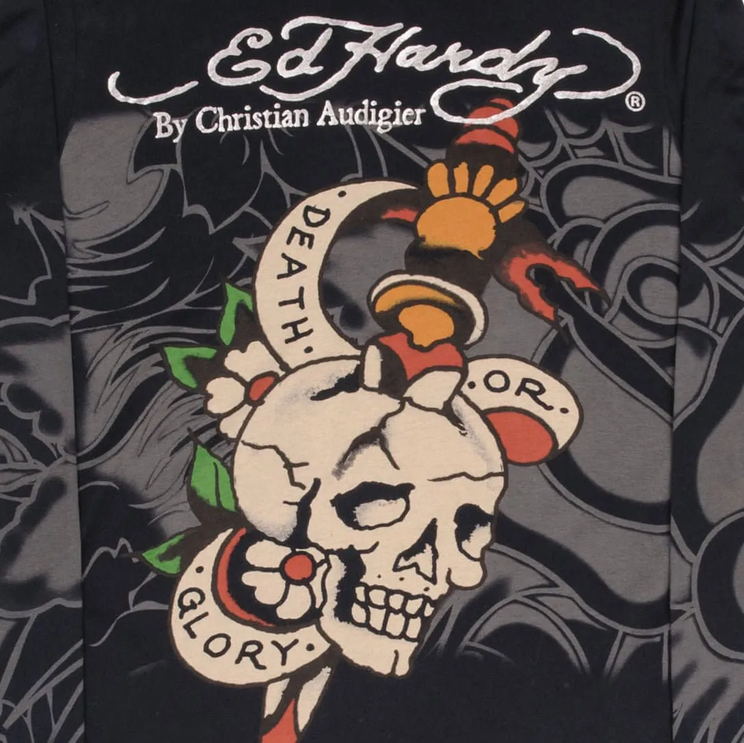 VINTAGE ED HARDY DEATH OR GLORY LONG SLEEVE TEE SHIRT 2000S MEDIUM MADE IN USA