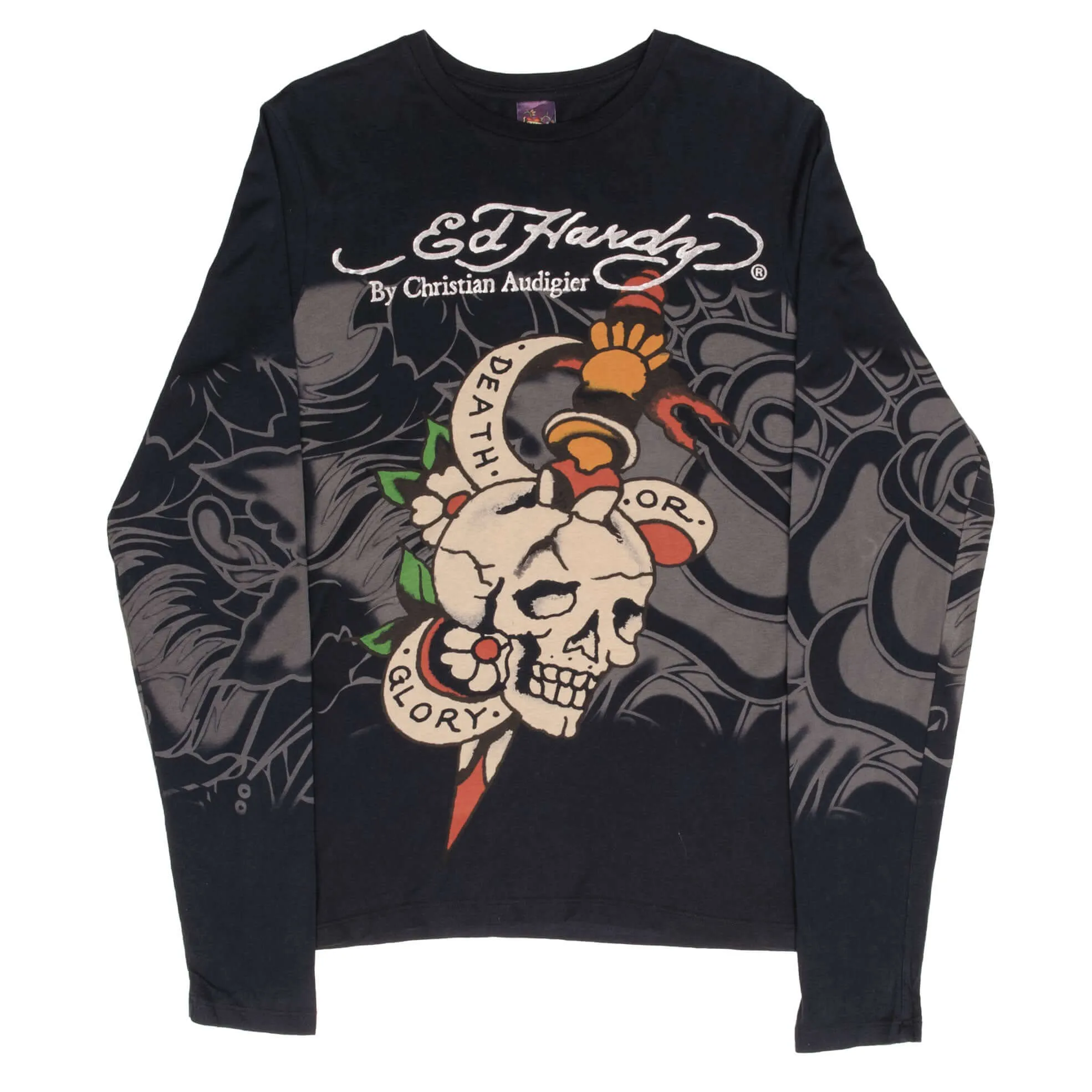 VINTAGE ED HARDY DEATH OR GLORY LONG SLEEVE TEE SHIRT 2000S MEDIUM MADE IN USA