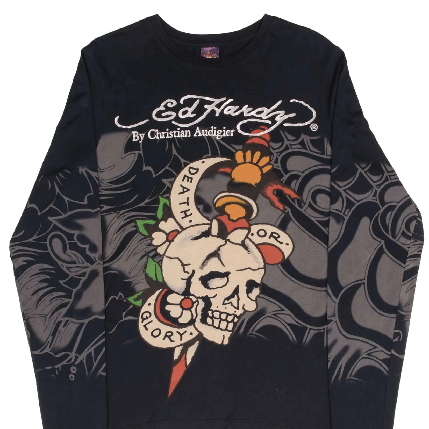 VINTAGE ED HARDY DEATH OR GLORY LONG SLEEVE TEE SHIRT 2000S MEDIUM MADE IN USA