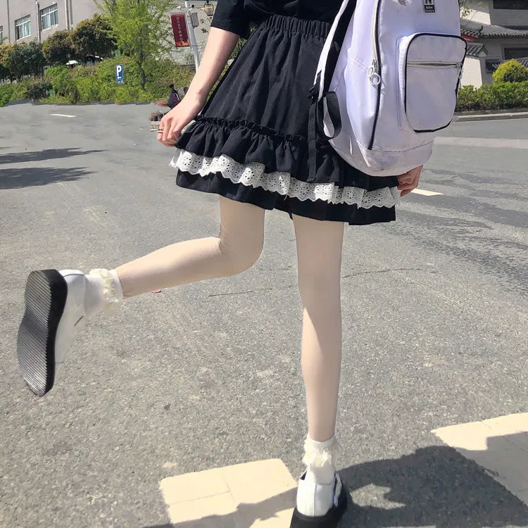 White & Black Tulle Layered Lace Elastic Gathered Waist Mini Skirt