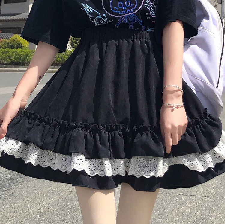 White & Black Tulle Layered Lace Elastic Gathered Waist Mini Skirt
