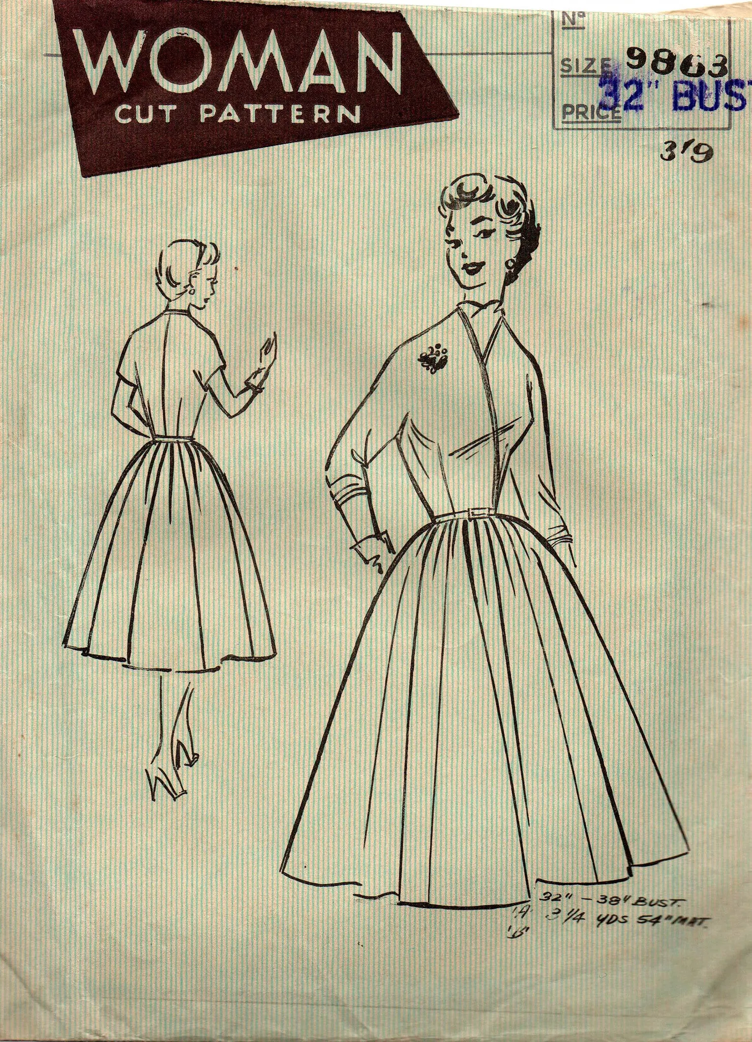 Woman 9863 Mail Order Full Skirt Shirtwaist Dress 1950s Vintage Sewing Pattern Bust 32 inches UNUSED Factory Folded