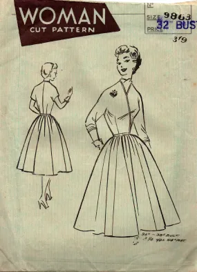 Woman 9863 Mail Order Full Skirt Shirtwaist Dress 1950s Vintage Sewing Pattern Bust 32 inches UNUSED Factory Folded