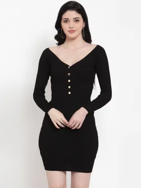 Women Black Blended V Neck Solid Mini Dress
