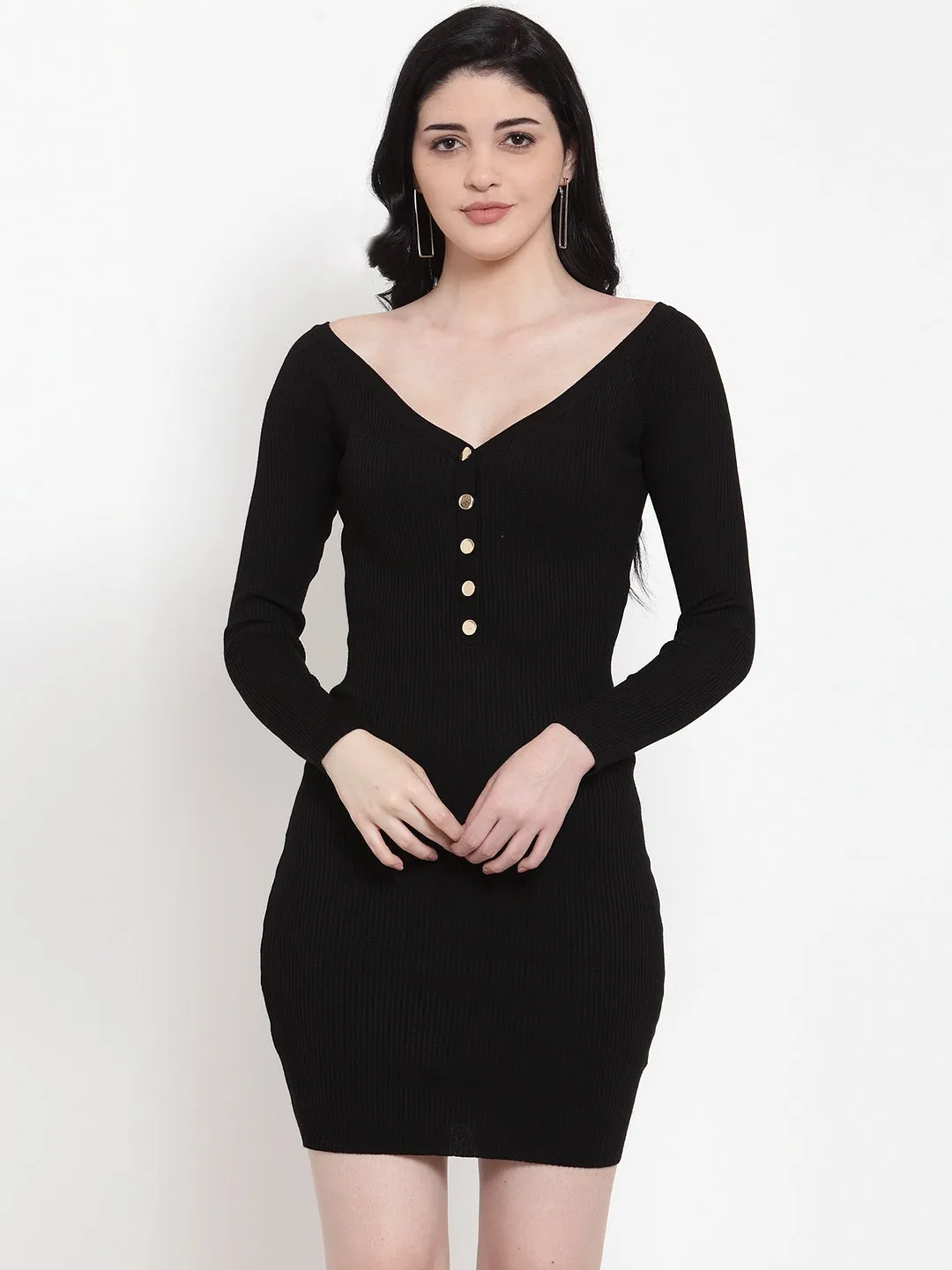 Women Black Blended V Neck Solid Mini Dress