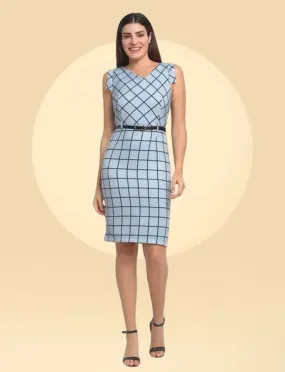 Women Blue Check Knee Length Dress