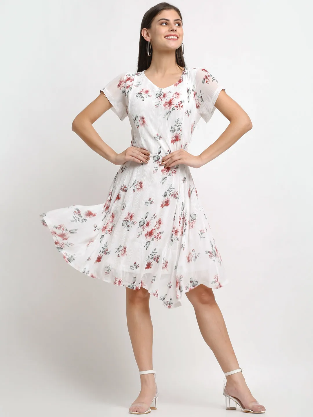 Women Floral Print White Dress
