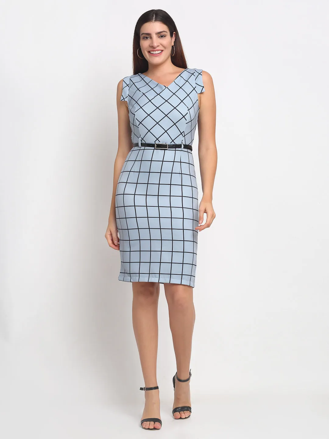 Women Grey V-Neck Checked Dress