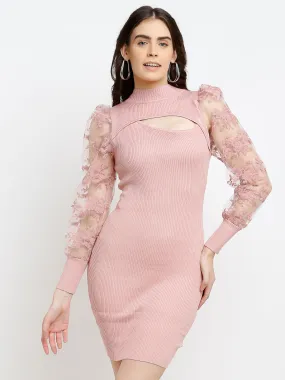Women Pink Turtle Neck Slim-Fit Bodycon Dress