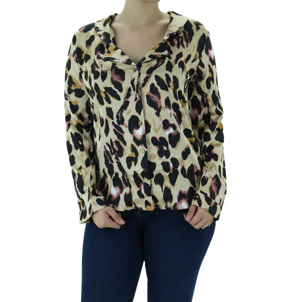 Women's Leopard Print Satin Shirt,Black/Beige