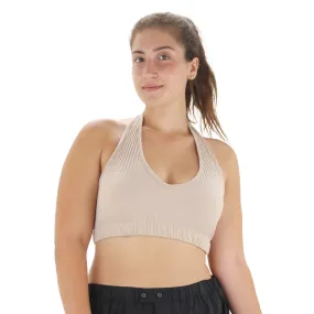 Women's Ribbed Halter Neck Open Back Crop Top,Beige