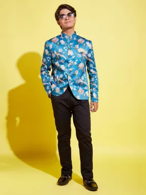 YUVA BY VASTRAMAY Boys Turquoise Blue Printed Bandhgala Blazer